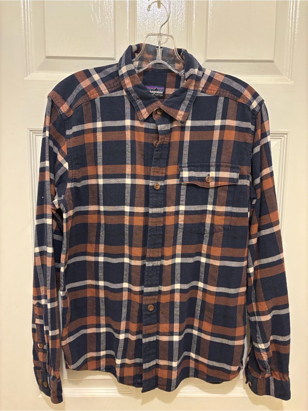 Patagonia Navy Blue and Tan Plaid Button-Down Shirt